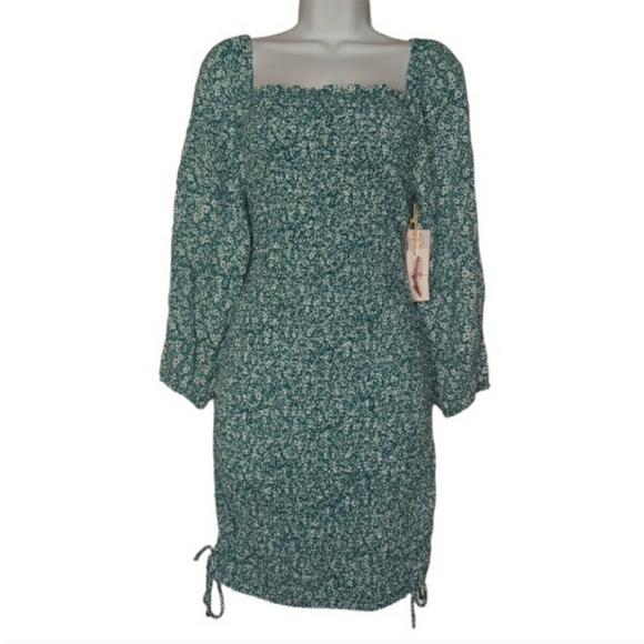 Jessica Simpson Dresses & Skirts - JESSICA SIMPSON Floral Teal Green White Smocked Stretchy Ruching Mini Dress NWT